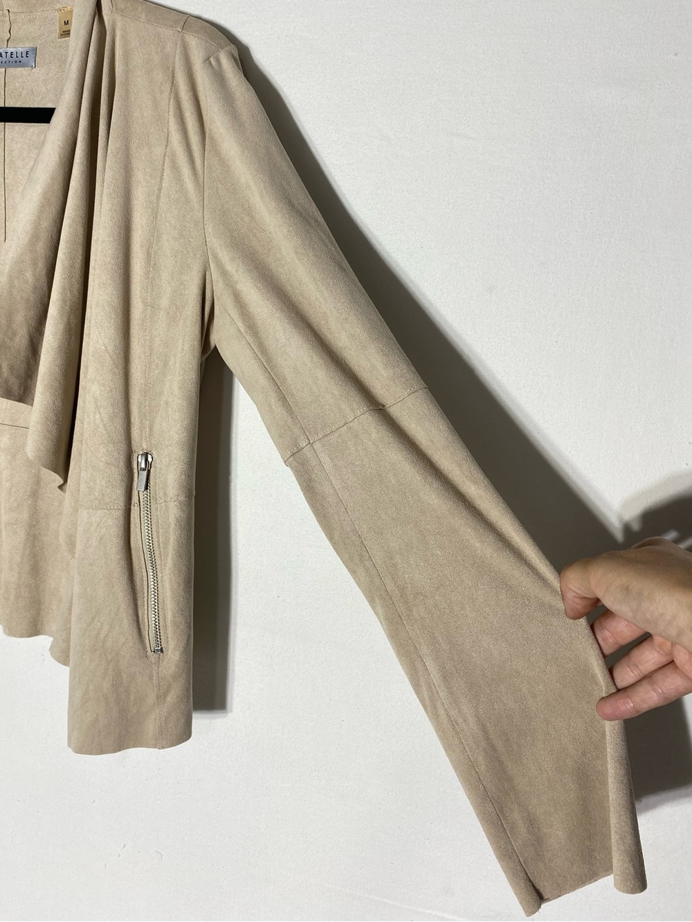 Bagatelle Tan Taupe Faux Suede Drape Front Open Jacket M Boho Y2K - Picture 11 of 15